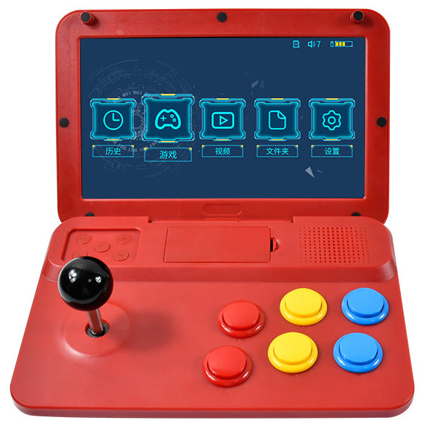 A small black joystick and 6 primary-colored buttons