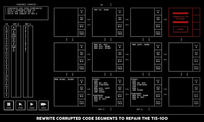 The TIS-100 showing the basic interface with the caption, "Rewrite corrupted code segments to repair the TIS-100".